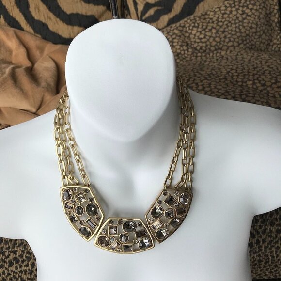 Statement Piece Necklace Costume Jewelry Brushed Gold tone, Taupe Gems  21"- 24" - Picture 6 of 16
